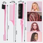 3 Pcs Slick Back Hair Brush Set with Edge Brush, Rat Tail Comb, Bristle Brush, Teasing Brush Set for Smoothing Baby Hair & Flyaways (pink) - Image 4