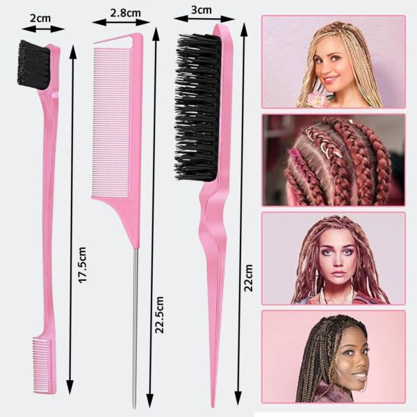 3 Pcs Slick Back Hair Brush Set with Edge Brush, Rat Tail Comb, Bristle Brush, Teasing Brush Set for Smoothing Baby Hair & Flyaways (pink) - Image 4