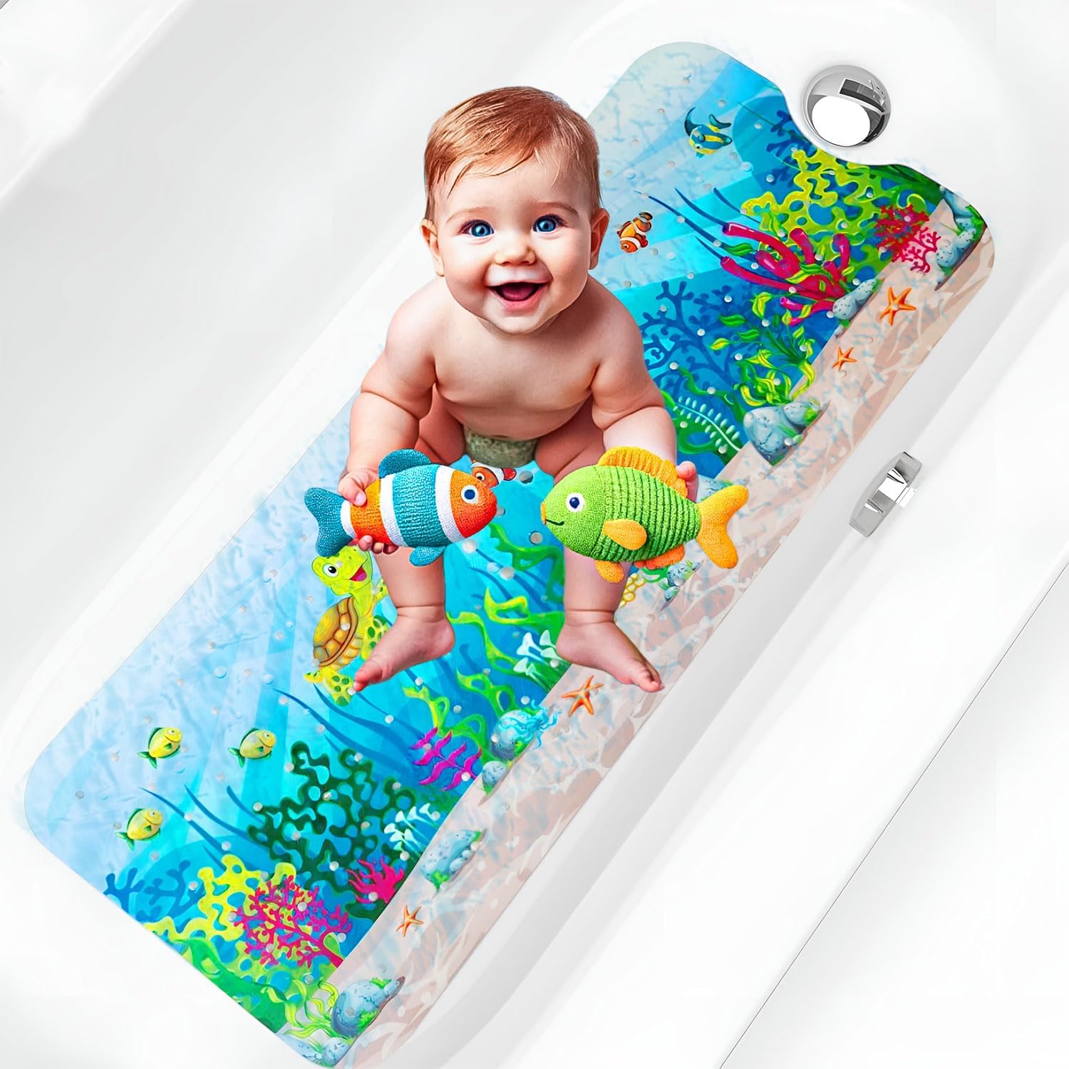 71ZsHMuER3L._AC_SL1500_.jpg Baby Bath Mat Non Slip Anti Mould | 100x40cm Non Slip Kids Bath Mats for Inside Bath with Strong Suction Cups, Soft Touch, Drain Holes for Bathroom Shower & Bathtub | Sea Turtle Cartoon Shower Mat - Image 1
