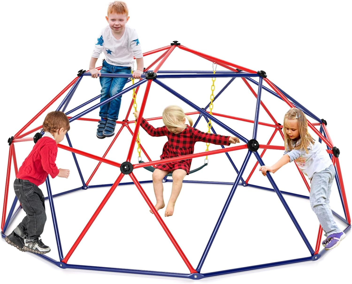 71ZwbRau1BL._AC_SL1500_.jpg GYMAX 10FT Dome Climber, Kids Climbing Set with Swing and Convenient Grip, Indoor Outdoor Children Climbing Frame for 3-12 Years Old Boys Girls, Max Weight 350kg (Red+Blue, 305x293x159cm) - Image 1