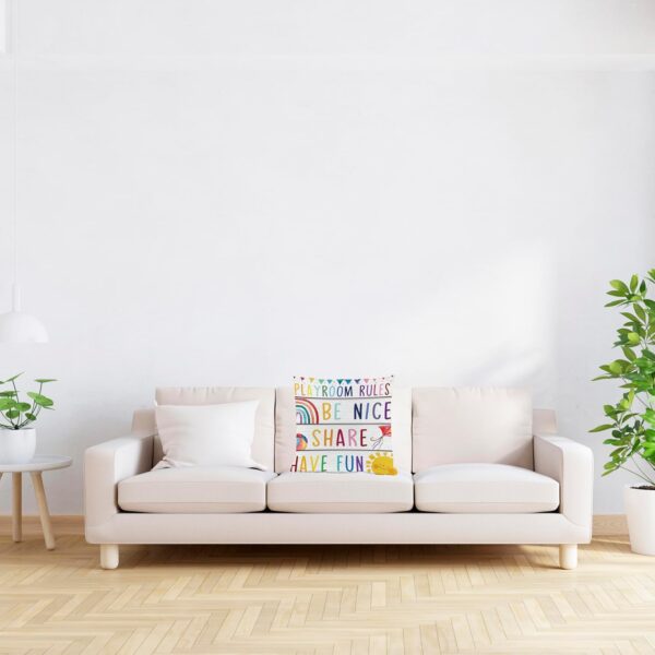 ZNGFON Playroom Signs - Kids Pillow Covers Decor with Rules Quotes - 'Be Nice', 'Share', 'Have Fun' - Colorful Nursery Boys Girls Bedroom 18x18 inch - Image 3