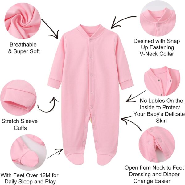 BINIDUCKLING Baby Boys Girls Snap-Up Sleepsuit, Cotton Baby Footed Pajamas - Long Sleeve Baby Grows Sleepwear for 0-12 Months, 2-Pack - Image 5