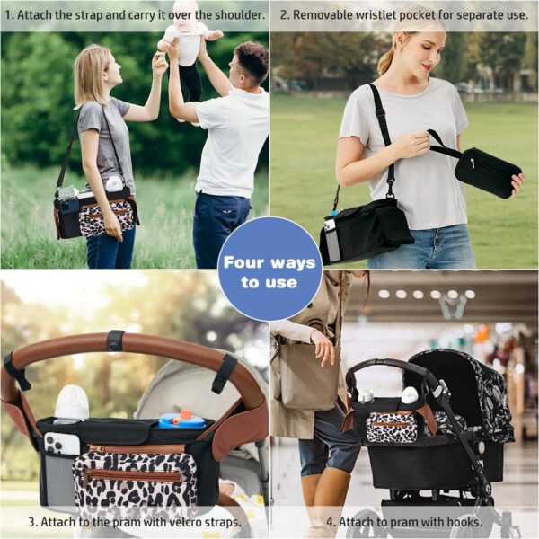 Tyuodna Baby Pram Bag Stroller,Universal Stroller Bag with 2 Insulated Cup Holder,Large Capacity Baby Bag Organiser,Buggy Organiser Bag with Shoulder Strap&Non-Slip Secure Hooks (Leopard Print) - Image 5