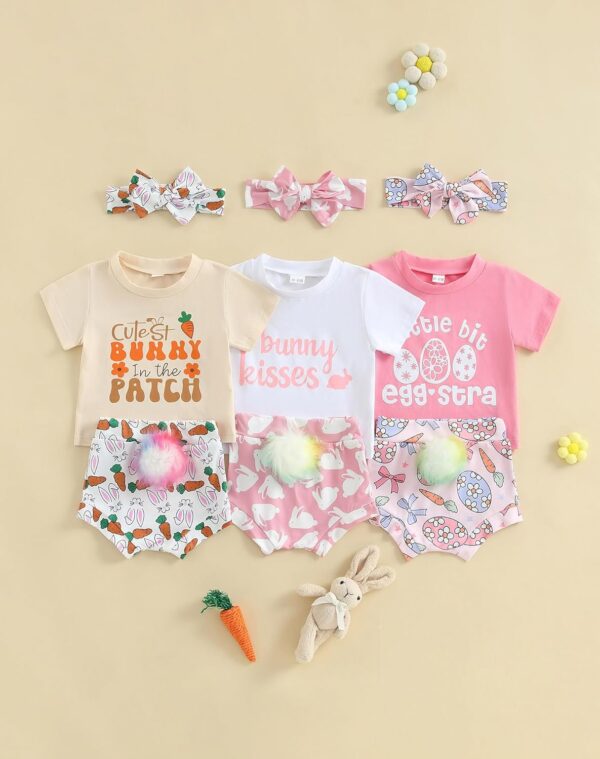 Dubute Easter Baby Girl Summer Outfits Bunny Print Short Sleeves T-Shirt + Bloomer Shorts + Headwear Clothes 3PCS Set - Image 2
