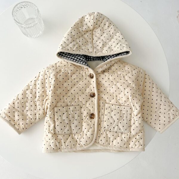 De feuilles Newborn Baby Boys Girls Quilted Hooded Coat Jacket Winter Warm Fleece Lining Button Down Outwear with Polka Dot Print - Image 2
