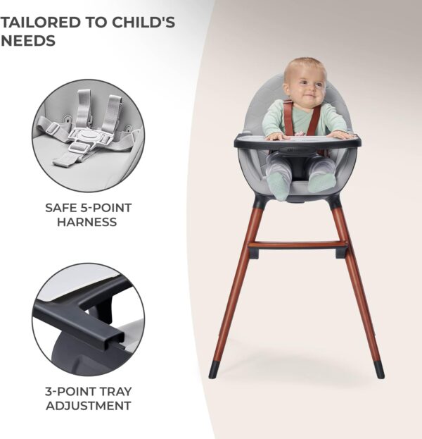 Kinderkraft Fini 2-in-1 High Chair, Baby Chair, Combination High Chair, Wooden Legs, Seat Belts, Footrest, Double Tray, from 6 Months to 5 Years, 5 Point Straps, Grey - Image 5