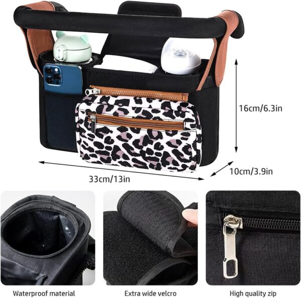 Tyuodna Baby Pram Bag Stroller,Universal Stroller Bag with 2 Insulated Cup Holder,Large Capacity Baby Bag Organiser,Buggy Organiser Bag with Shoulder Strap&Non-Slip Secure Hooks (Leopard Print) - Image 7