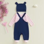 Infant Baby Boy Girl Spring Outfit Striped Long Sleeve Round Neck Romper Giraffe Embroidery Suspender Overall Pants Hat 3Pcs Set - Image 3