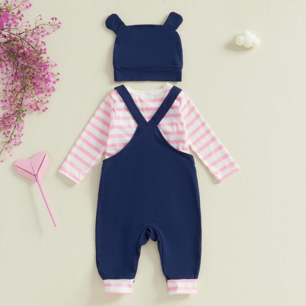 Infant Baby Boy Girl Spring Outfit Striped Long Sleeve Round Neck Romper Giraffe Embroidery Suspender Overall Pants Hat 3Pcs Set - Image 3