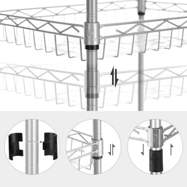 SONGMICS Metal Storage Shelf, Wire Basket Shelving Unit, Kitchen Storage Rack, 4 Hooks, PP Sheets, Adjustable Shelves, Total Load Capacity 100 kg, for Bathroom, Pantry, Small Spaces, Silver LGR105E01 - Image 6