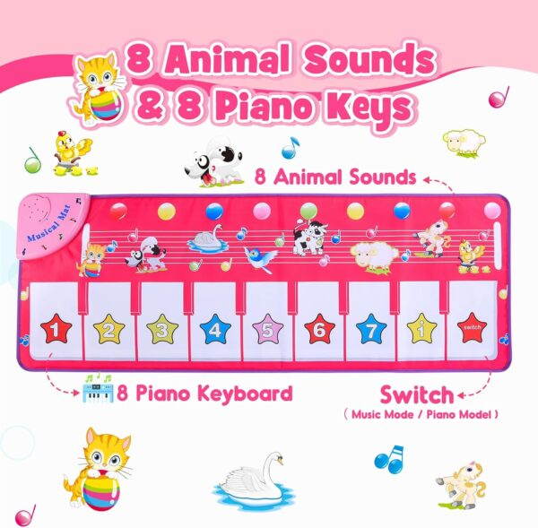 Musical Toys for 1 2 3 4 5 Year Old Girls Gifts,Piano Dance Mat for Kids with 8 Animals Sounds, Early Educational Toddlers Baby Toys Birthday Present for Girls Baby - Easter Gifts for Kids - Image 2