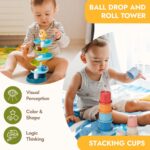 Giant bean Montessori Toys Set for Baby 12-18 Month, 8-in-1 Wooden Learning Toys with Ball Drop Roll Tower, Multifunctional Object Permanence Box, Hammer, Shape Sorting Stacking Cube Cups, Gift for 1+ - Image 4