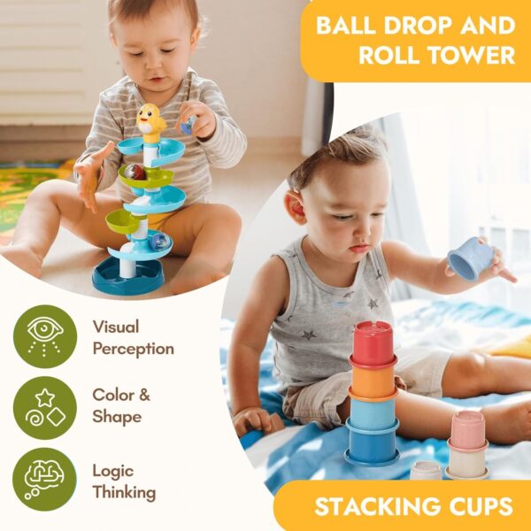 Giant bean Montessori Toys Set for Baby 12-18 Month, 8-in-1 Wooden Learning Toys with Ball Drop Roll Tower, Multifunctional Object Permanence Box, Hammer, Shape Sorting Stacking Cube Cups, Gift for 1+ - Image 4
