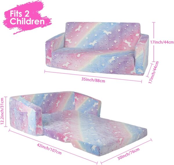 Decalsweet Unicorn Foldable Kids Sofa,Double Seat 2 in 1 Flip Open Kids Sofa Bed with Pocket,Glow In The Dark Children's Sofa for Bedroom Playroom - Image 3