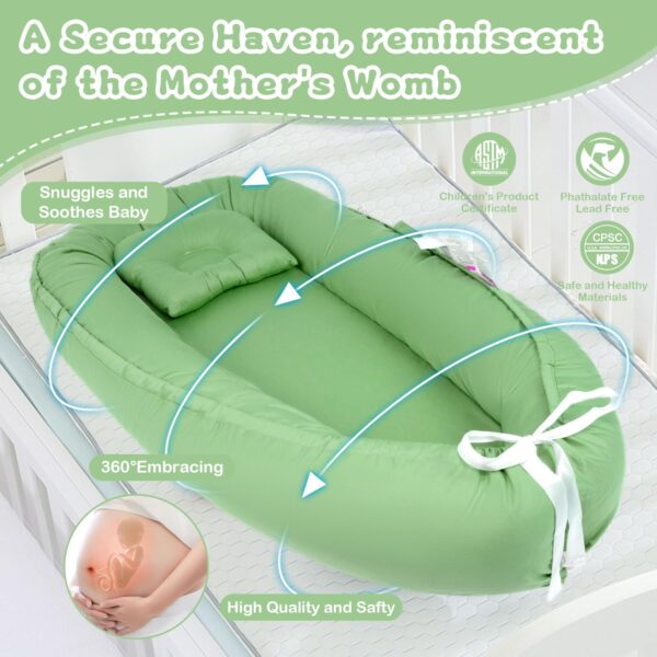 Baby Lounger for Newborn, Infant Lounger for 0-24 Months, Co Sleeper for Girls Boys, 100% Cotton Soft Adjustable Baby Floor Seat for Travel, Portable Baby Nest Lounger(Light Green) - Image 3