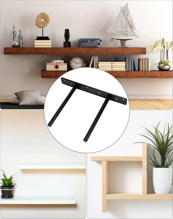 QWORK® 2 Pack Floating Shelf Bracket - 6 Inch 150 mm Double T Design- Heavy Duty Hidden Concealed Wall Shelf Brackets with Mounting Screws - Solid Steel Matt Black - Image 6