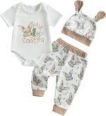 MAHUAOYIXI Toddler Baby Easter Outfits Newborn Baby Boys Clothes Bunny Print Long Sleeves Romper and Truck Carrot Print Pants and Hat Infant Boys 3Pcs Clothing Set