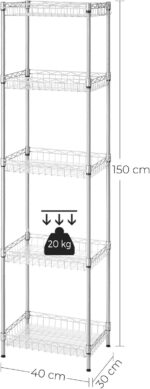 SONGMICS Metal Storage Shelf, Wire Basket Shelving Unit, Kitchen Storage Rack, 4 Hooks, PP Sheets, Adjustable Shelves, Total Load Capacity 100 kg, for Bathroom, Pantry, Small Spaces, Silver LGR105E01 - Image 5