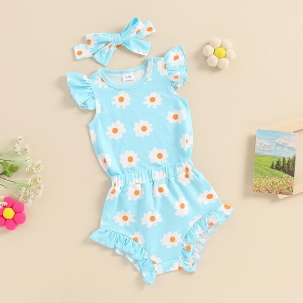 Newborn Baby Girl Clothes Floral Print Fly Sleeve Romper Ruffle Bloomer Shorts Headband Set 3Pcs Summer Outfits (B-Blue A, 9-12 Months) - Image 2