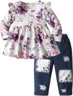 Tearfuty Toddler Baby Girls Floral Print Long Sleeve Top Pants 2Pcs Outfits Black