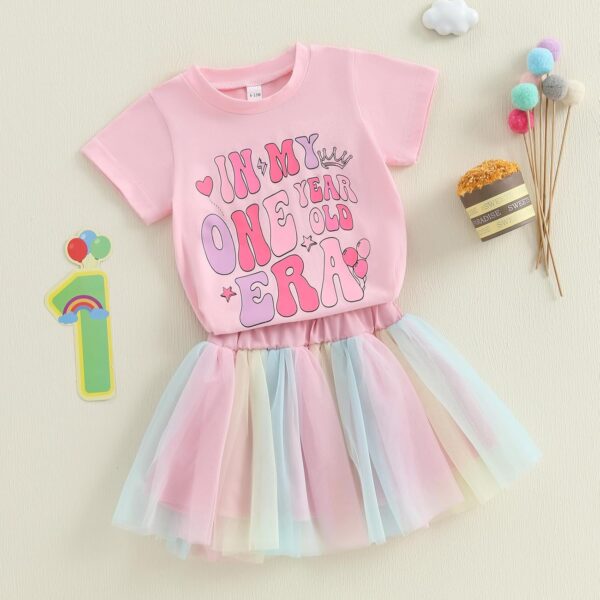 MAHUAOYIXI Baby Girl 2Pcs First Birthday Outfits Short Sleeve Letter Print Tops Tops T-Shirt + Tutu Tulle Skirt Set Toddler Girls Clothes Girls Birthday Clothing Set - Image 3