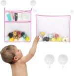 Unaone 2-Pack Bath Toy Storage Set - Hanging Mesh Bathtub Toy Organizer with Letters & Numbers, Pink Bathroom Decor for Kids, Space-Saving Bath Net for Baby, Toddler,& Kids