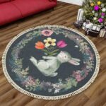 Round Boho Nursery Rug 4 ft Forest Animal Theme Cartoon Carpets Woodland Bedroom Decor Botanical Floral Rabbit Cute Area Rug Non Slip Circle Floor Mat for Boys Girls Room Playroom Classroom - Image 2
