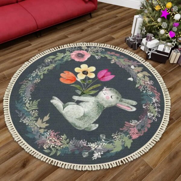 Round Boho Nursery Rug 4 ft Forest Animal Theme Cartoon Carpets Woodland Bedroom Decor Botanical Floral Rabbit Cute Area Rug Non Slip Circle Floor Mat for Boys Girls Room Playroom Classroom - Image 2