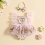 Dubute Baby Girls Rompers Dress Lace Trim Butterfly Pattern Embroidered Fly Sleeve Tulle Skirt Hem Bodysuits Clothes with Headband - Image 2