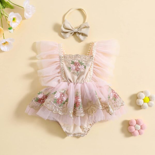 Dubute Baby Girls Rompers Dress Lace Trim Butterfly Pattern Embroidered Fly Sleeve Tulle Skirt Hem Bodysuits Clothes with Headband - Image 2