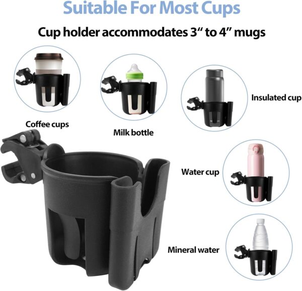 Filltown Stroller Cup Holder with Cell Phone Holder, 360° Adjustable Universal Drink Coffee Baby Bottle Cup Holder for Stroller, Baby Stroller, Pram, Bike, Wheelchair, Walker (Black) - Image 5