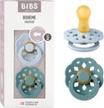 BIBS Boheme Soother 2-Pack. BPA Free Dummy Pacifier, Round Nipple. Natural Rubber Latex, Made in Denmark. Str. 2, Baby Blue/Island Sea