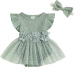 Himllauen Baby Girl Romper Dress Lace Mesh Embroidery Sleeveless Jumpsuit Newborn Baby Casual Romper with Headband for Baby Girls 0-24 Months