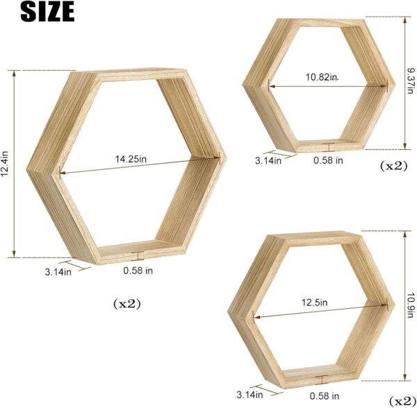 Hexagonal Floating Shelves Wall Mounted Set of 6 Wooden Hexagon Shelves Farmhouse Storage Honeycomb Wall Shelves Hexagon Hanging Shelves Rustic Geometric Wall Shelf for Nursery Bedroom Living Room - Image 3
