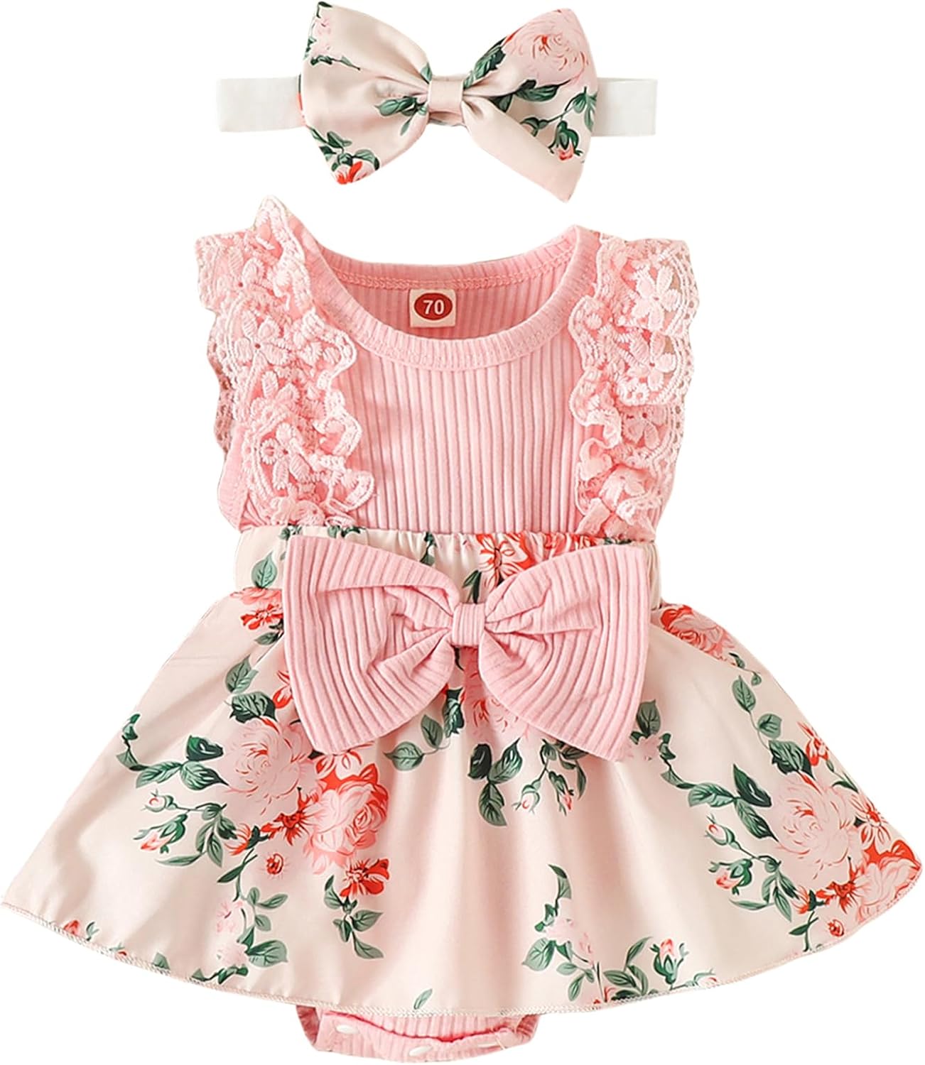 71gZBKrWmbL._AC_SL1500_.jpg LYSINK Baby Girl Summer Clothes Sleeveless Lace Floral Romper Dress with Headband 0-18M Cute Newborn Outfits - Image 1