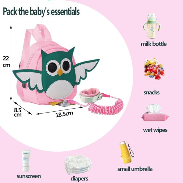 Toddler Safety Harness Backpack with Rein Baby Walking Leash Anti-Lost Safety Wrist Cuff with Lock 1.5m Children Walking Backpack-Owl-Pink - Image 3