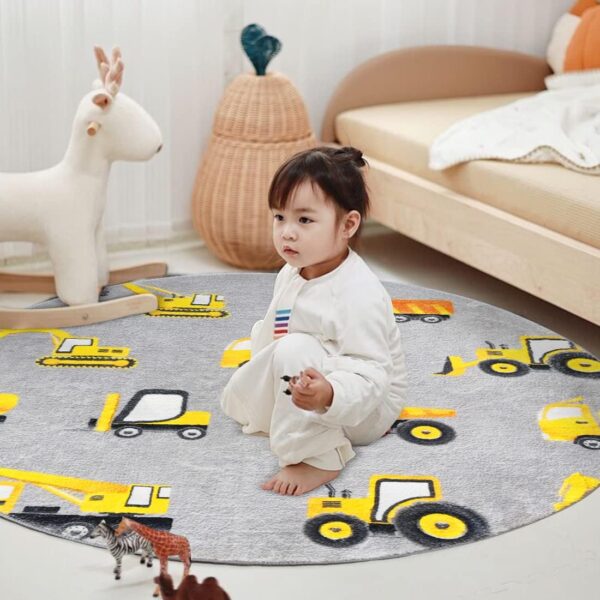 Poowe Round Construction Trucks Kids Area Rug Soft Fluffy Kids Construction Rugs for Playroom Nonslip Digger Nursery Rug for Boys Room,4FT - Image 8