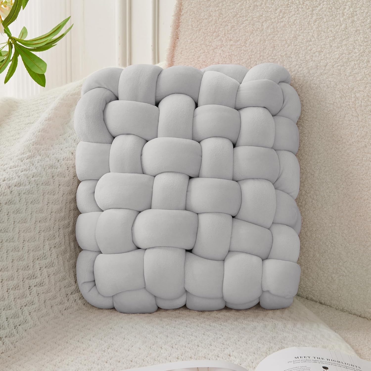 71gyaCGRoXL._AC_SL1500_.jpg Knot Pillow,Knot Cushion,Square Plush Throw Pillow Handmade Soft Knotted Cushions,Home Decorative Knot Pillow Cuddle Cushion for Room Sofa Home Bed Floor,Bed Pillows Decoration(Grey/30*33*12CM) - Image 1