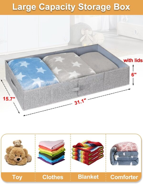 punemi Under Bed Storage With Lids, 2 Pack Large Underbed Storage Containers Clothes W/ 3 Handles, Foldable Low Profile Stackable Storage Drawer Organizer Bins Box for Blanket Shoe Toy Bedroom, Grey - Image 4