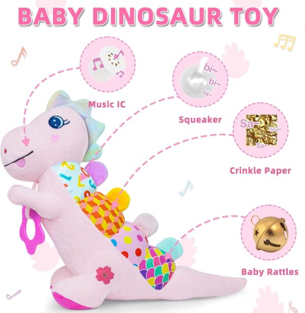 Baby Dino Musical Stuffed Animal Toys for 0-3-6-9-12 Months，Infant Dinosaur Tummy Time Toys with Crinkle Sound Paper,Teether，Textures & Rattles for Newborn Boys Girls Birthday Gifts，Pink - Image 3