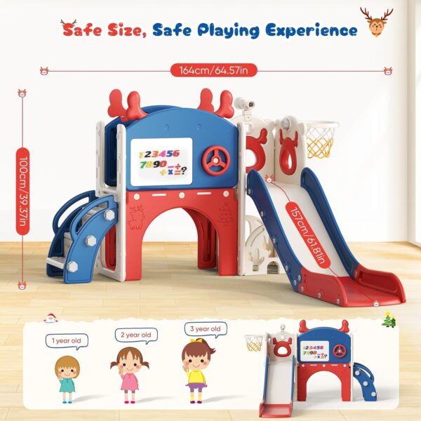 Krovtoy Christmas Elk Theme Toddler Slide,Toddler Slide Freestanding with Basketball Hoop, golf set,Baby Slide Playground Equipment,for in/outdoor use (Blue Red-6 in 1) - Image 2