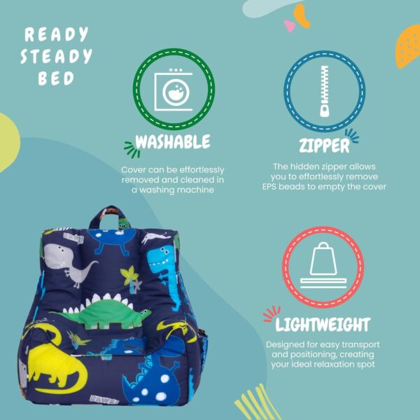 Ready Steady Bed Kids Bean Bag Chair With Footstool | Child Play Safe Soft Seat Playroom Sofa | Ergonomically Designed Toddler Armchair | Comfy Children Furniture (Dino Dark) - Image 4