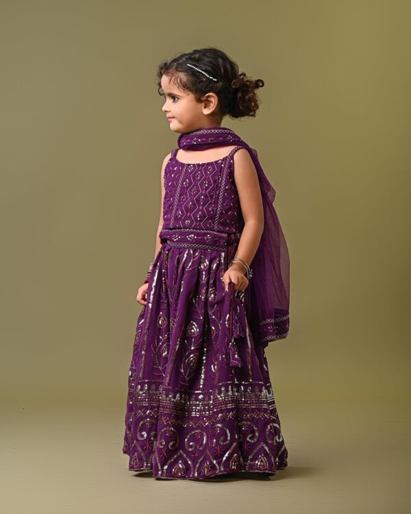 Futra Gabha Magenta thread embroidered sleeveless choli with lehenga & net dupatta - Image 3