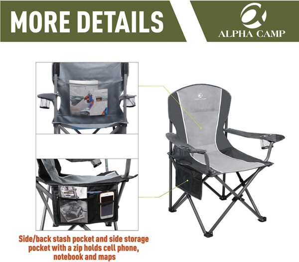 ALPHA CAMP Oversized Camping Folding Portable Chair Heavy Duty Steel Frame Support 160kg Arm Chair with Cup Holder Quad Lumbar Back Chair for Outdoor/Indoor_Gray-Black - Image 5