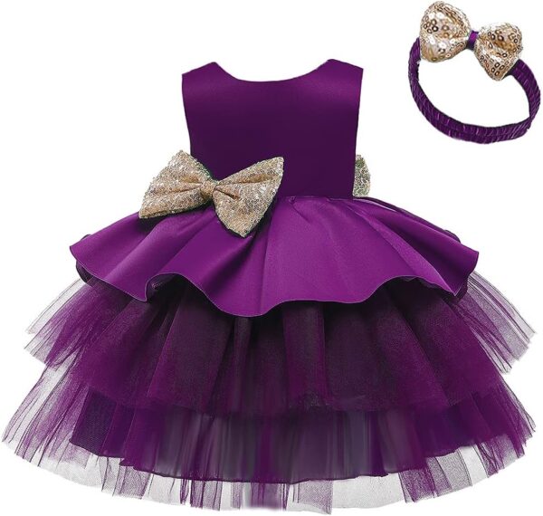 Baby Girl Dress Sleeveless Backless Sequin Bowknot Princess Tulle Tutu Baptism Wedding Bridesmaid Pageant Birthday Christmas Party Formal Evening Ball Gown with Headband - Image 4