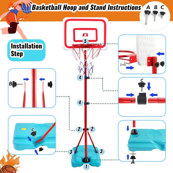 TONZE Kids Basketball Hoop and Stand Height Adjustable,Net and Ball Outdoor Indoor Mini Basketball Hoop Sport Play Set Toys for 4 5 6 7 Year Old Boys Girls(88cm/138cm/190cm) - Image 2