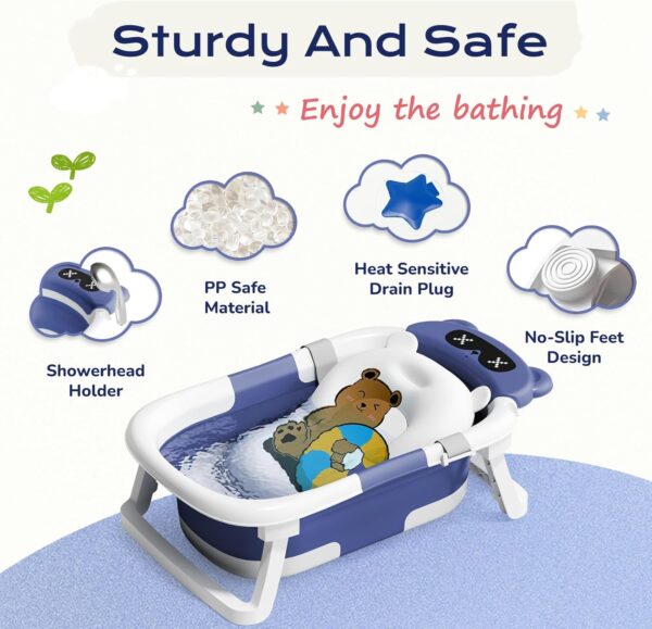 COOSEYA Baby Bath Tub Foldable, Baby Bathtub Collapsible Essentials for Newborn with Soft Cushion (0-18Months), Baby Shower for Infant to Toddler Gift Portable Space-Saving Travel, Navy Blue - Image 5