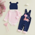 Infant Baby Boy Girl Spring Outfit Striped Long Sleeve Round Neck Romper Giraffe Embroidery Suspender Overall Pants Hat 3Pcs Set - Image 2