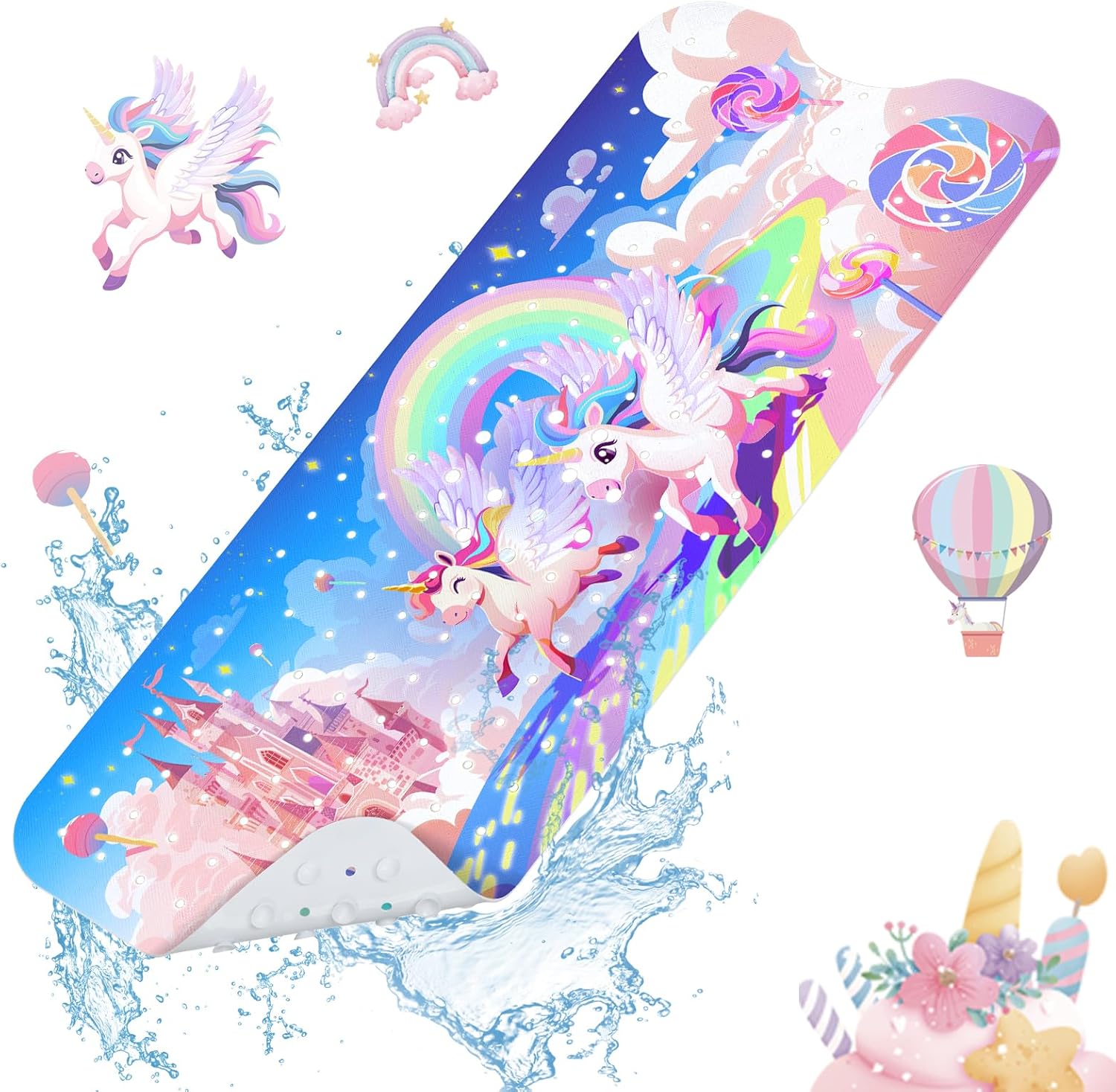 71ibWiDlw3L._AC_SL1500_.jpg Baby Bath Mat for Tub Non Slip-40 X 16 Inch Extra Long Kids Bathtub Mat Non Slip, Upgrade Bath Tub Shower Mat Anti Slip with Suction Cups & Drain Holes for Bathroom, Machine Washable,Rainbow Unicorn - Image 1