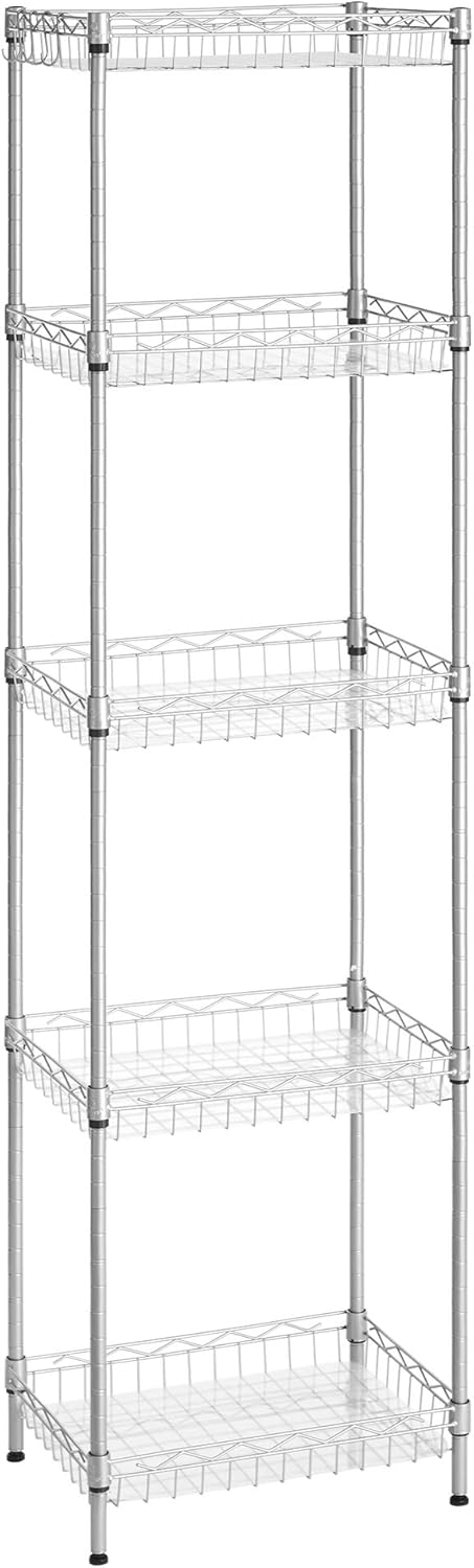 71idjyo6mJL._AC_SL1500_.jpg SONGMICS Metal Storage Shelf, Wire Basket Shelving Unit, Kitchen Storage Rack, 4 Hooks, PP Sheets, Adjustable Shelves, Total Load Capacity 100 kg, for Bathroom, Pantry, Small Spaces, Silver LGR105E01 - Image 1